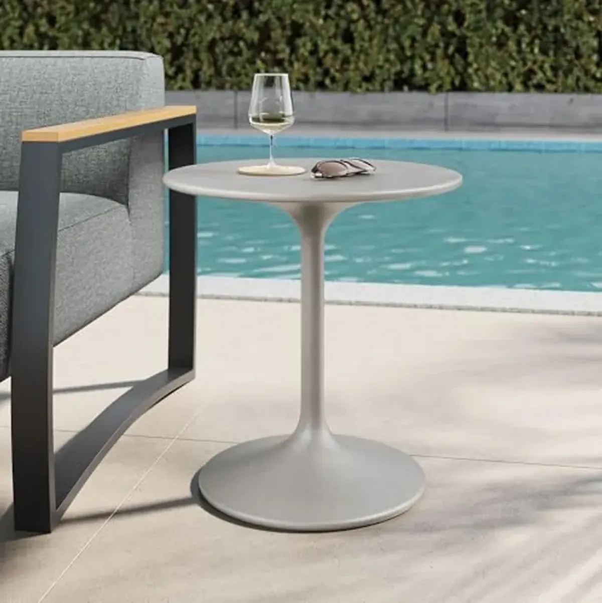 Modway Esme Outdoor Patio Round Concrete Side Table in Gray - Small Tulip Pedestal Table - Cement End Table - Accent Plant Stand for Balcony, Porch, Backyard, Garden