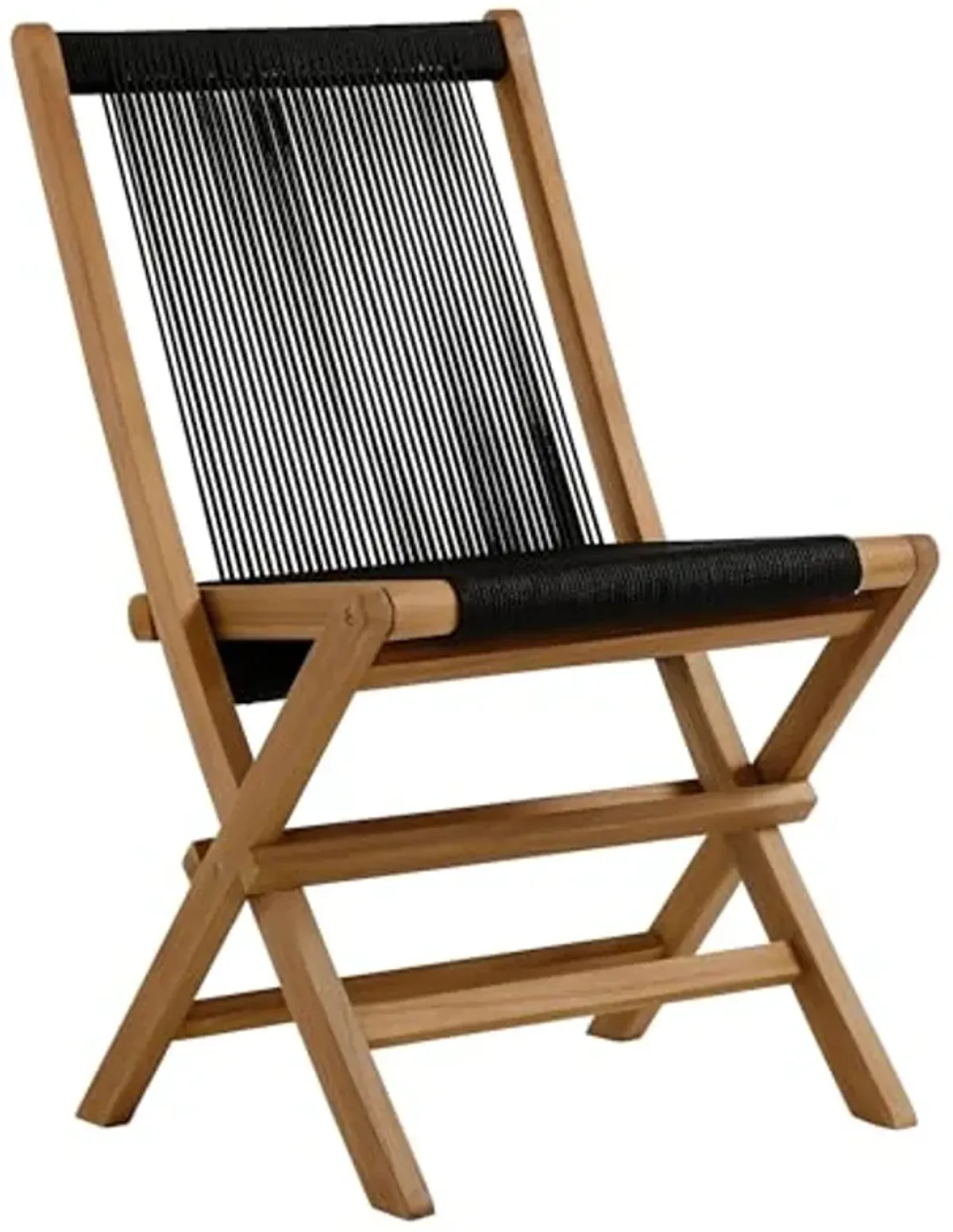 Modway Vienna Outdoor Patio Teak Wood Folding Chairs Set of 4 in Natural Black – Weather-Resistant Woven Rope Armless Patio Dining Chairs – Foldable Deck Chairs for Backyard, Garden, Porch