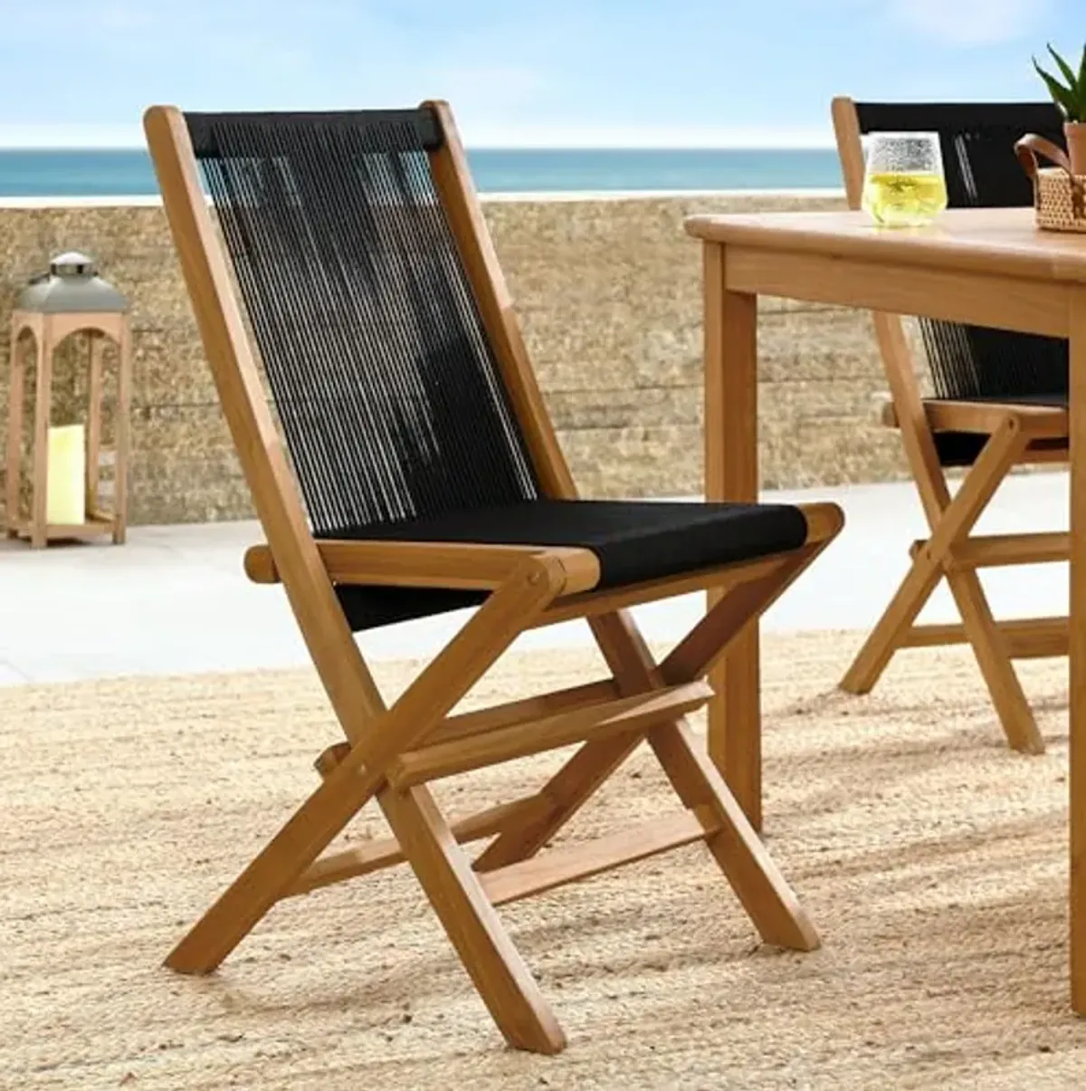 Modway Vienna Outdoor Patio Teak Wood Folding Chairs Set of 4 in Natural Black – Weather-Resistant Woven Rope Armless Patio Dining Chairs – Foldable Deck Chairs for Backyard, Garden, Porch