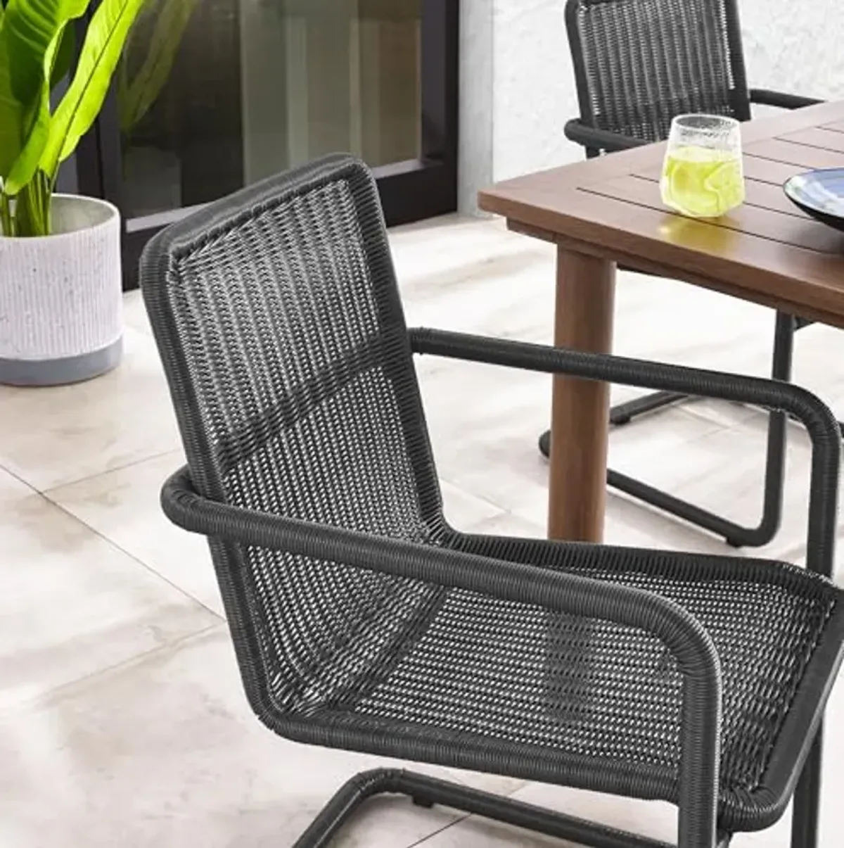 Modway Abacus Outdoor Wicker Dining Chairs Set of 2 in Slate-Wicker Patio Chairs w/Cantilever Steel Frame - All-Weather Modern Mid Century Accent Chairs - Outdoor Rattan Chairs w/Armrest