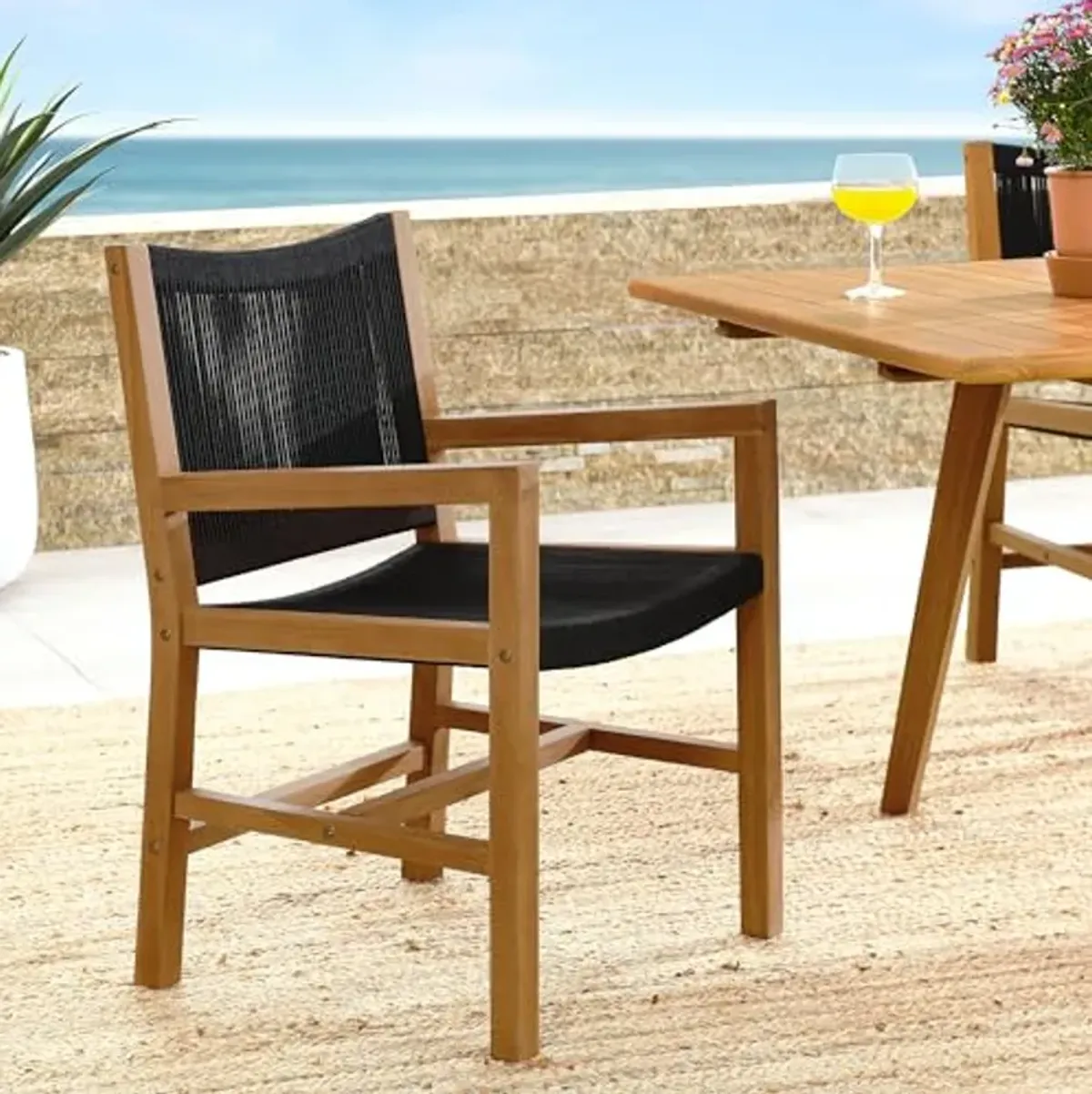 Modway Vienna Outdoor Patio Teak Wood Dining Armchairs Set of 2 in Natural Black – Woven Rope Patio Chairs with Armrests – Teak Accent Chairs – Weather-Resistant Deck Chairs for Backyard, Porch