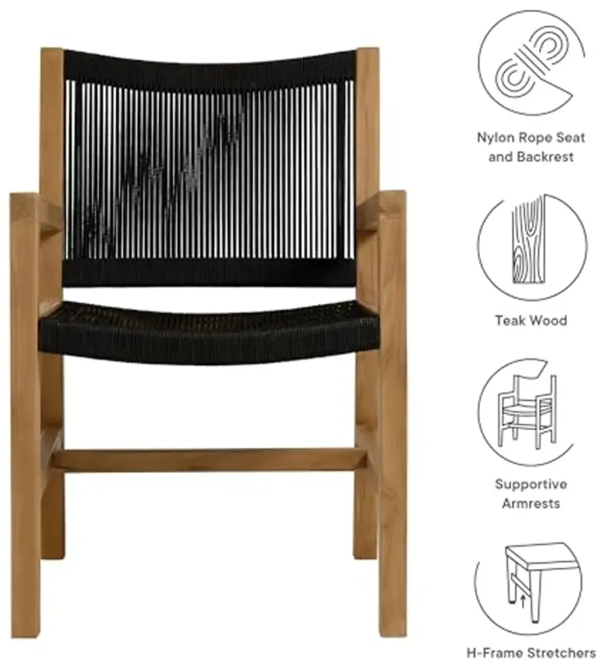 Modway Vienna Outdoor Patio Teak Wood Dining Armchairs Set of 2 in Natural Black – Woven Rope Patio Chairs with Armrests – Teak Accent Chairs – Weather-Resistant Deck Chairs for Backyard, Porch