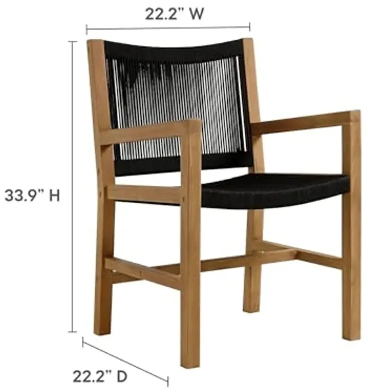 Modway Vienna Outdoor Patio Teak Wood Dining Armchairs Set of 2 in Natural Black – Woven Rope Patio Chairs with Armrests – Teak Accent Chairs – Weather-Resistant Deck Chairs for Backyard, Porch