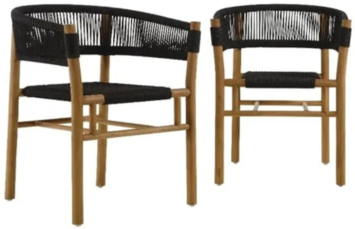 Modway Vienna Outdoor Patio Teak Wood Dining Armchairs with Curved Back Set of 2 in Natural Black – Weather-Resistant Woven Rope Patio Chairs – Stackable Outdoor Accent Chairs for Backyard, Garden