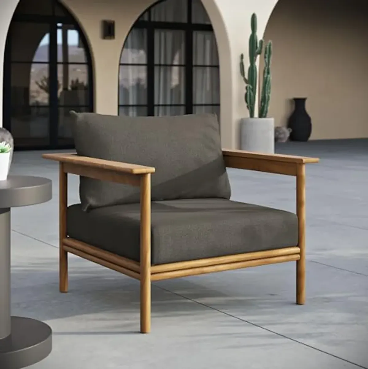 Modway Wren Teak Wood Outdoor Armchair in Natural Flint Gray