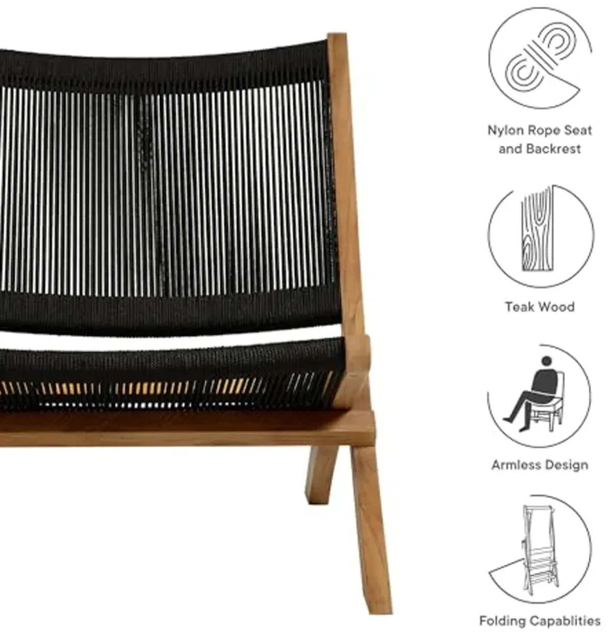 Modway Vienna Outdoor Patio Teak Wood Folding Lounge Chair in Natural Black