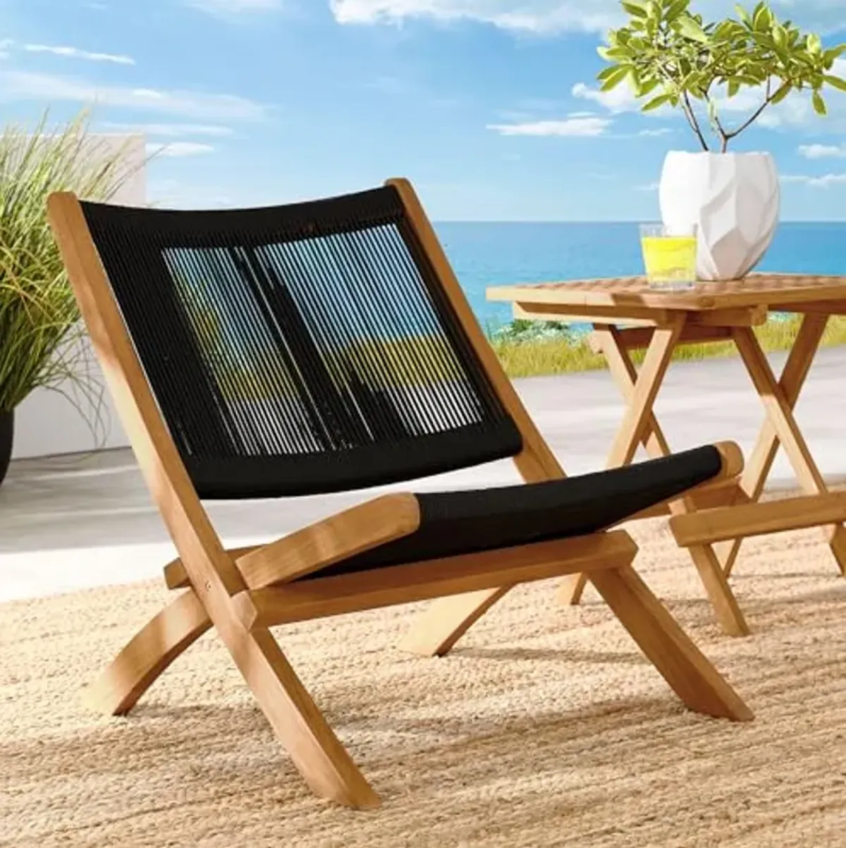 Modway Vienna Outdoor Patio Teak Wood Folding Lounge Chair in Natural Black