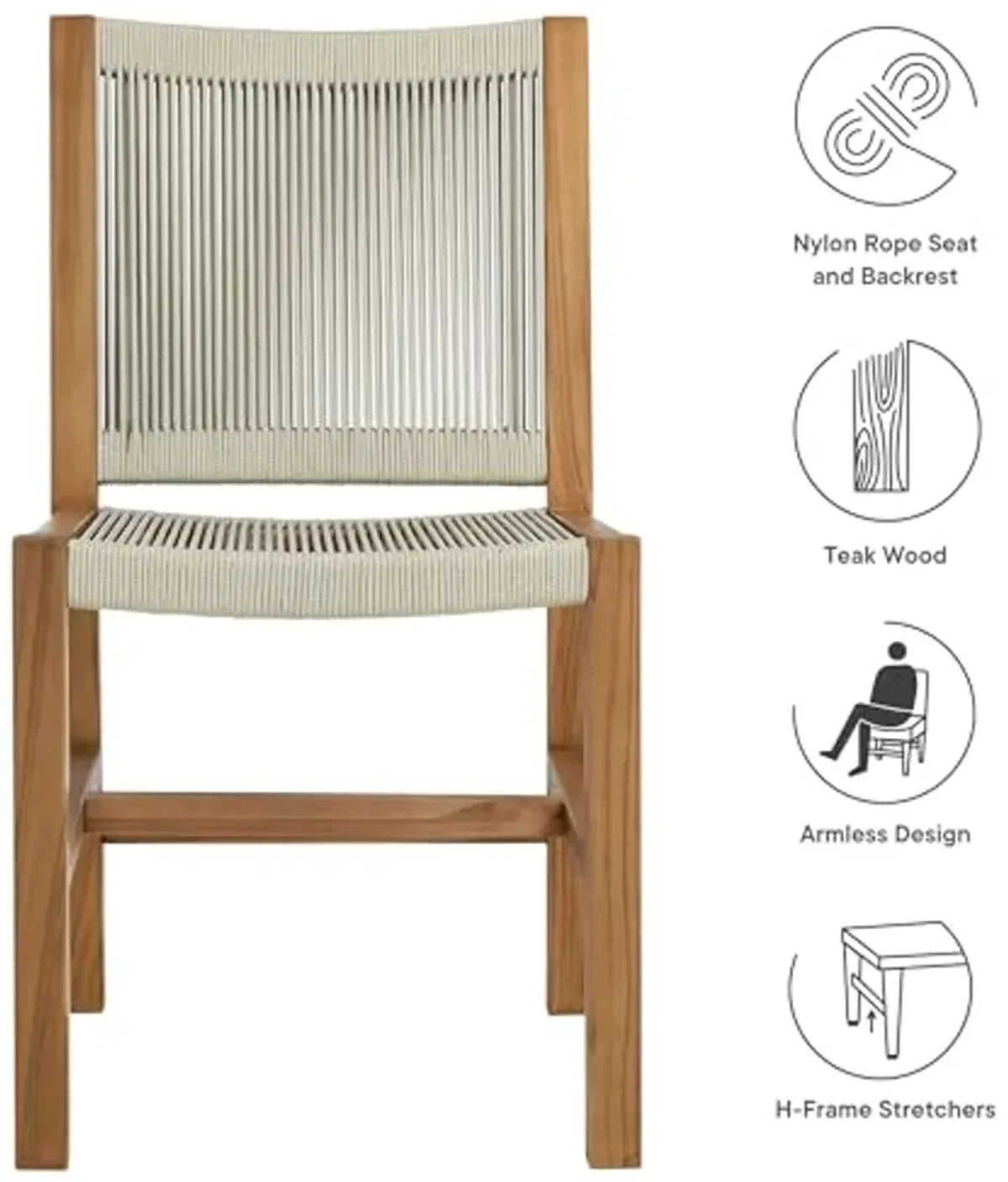 Modway Vienna Outdoor Patio Teak and Rope Armless Dining Chair Set of 2 in Natural Natural – Woven Rope Side Chairs – Teak Outdoor Dining Chairs – Weather-Resistant Deck Chairs