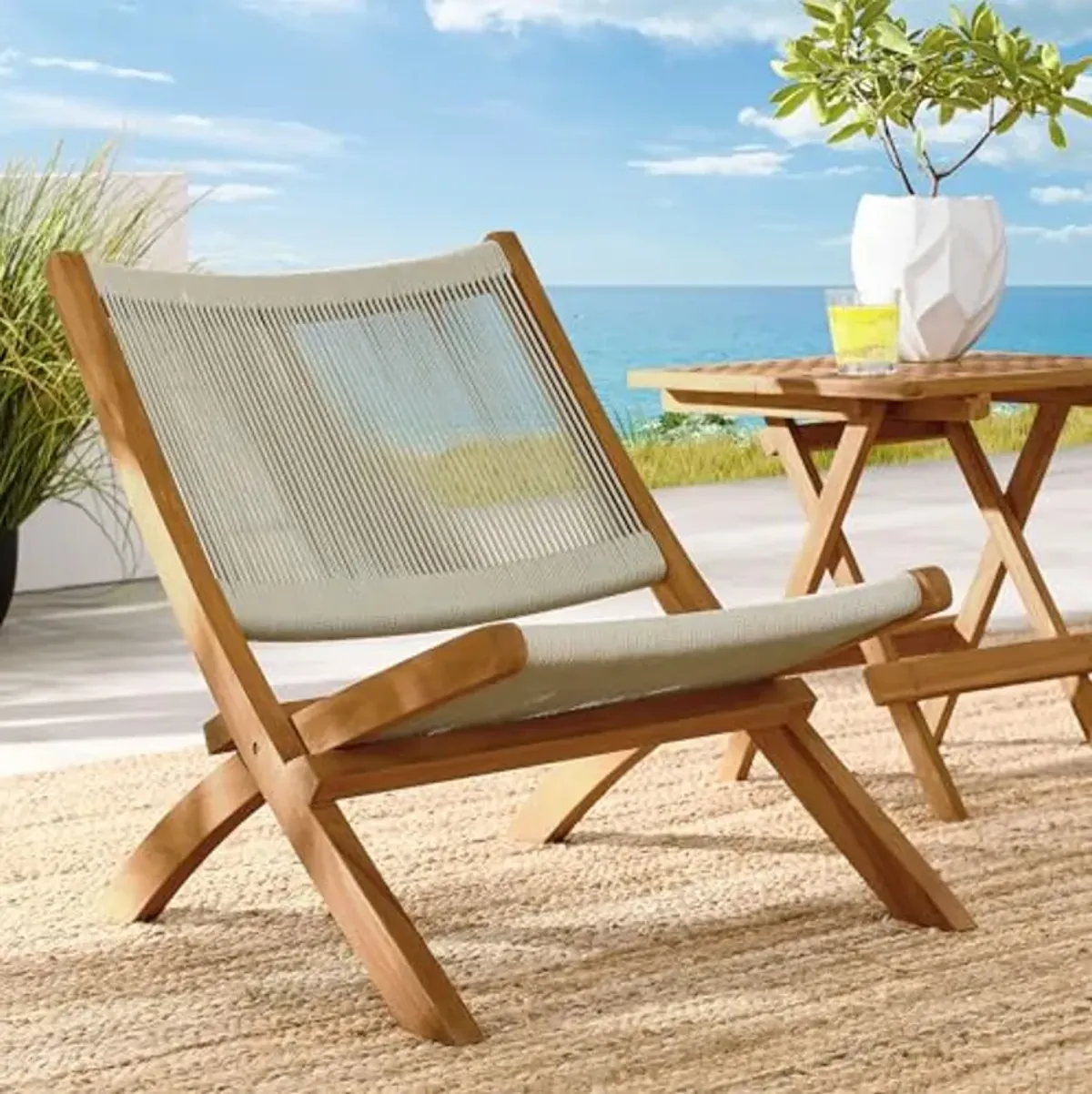 Modway Vienna Outdoor Patio Teak Wood Folding Lounge Chair in Natural Natural