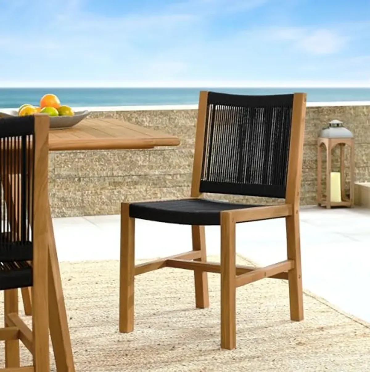 Modway Vienna Outdoor Patio Teak and Rope Armless Dining Chair Set of 2 in Natural Black – Woven Rope Side Chairs – Teak Outdoor Dining Chairs – Weather-Resistant Deck Chairs