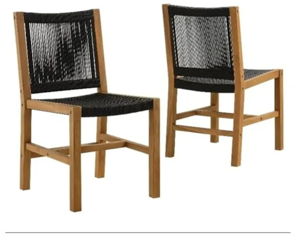 Modway Vienna Outdoor Patio Teak and Rope Armless Dining Chair Set of 2 in Natural Black – Woven Rope Side Chairs – Teak Outdoor Dining Chairs – Weather-Resistant Deck Chairs