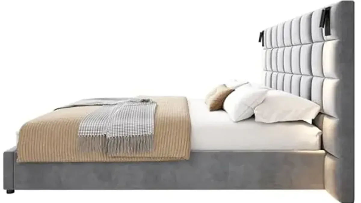 Christopher Knight Home Svens 46" High Headboard Bed, King Size Platform Bed Frame, Soft Velvet Bed Frame, King Size Headboard, Square Pattern Design with Reading Lamps and USB Ports, Grey