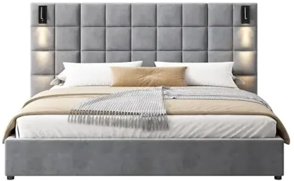 Christopher Knight Home Svens 46" High Headboard Bed, King Size Platform Bed Frame, Soft Velvet Bed Frame, King Size Headboard, Square Pattern Design with Reading Lamps and USB Ports, Grey