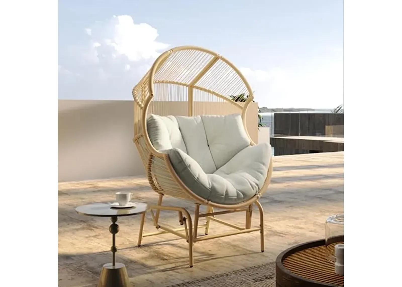 Christopher Knight Home Paolos Outdoor Wicker and Iron Gliding Chair with Water Repellent Cushion, Patio PE Rattan and Iron Frame Rocking Chair, Recliner, Light Brown