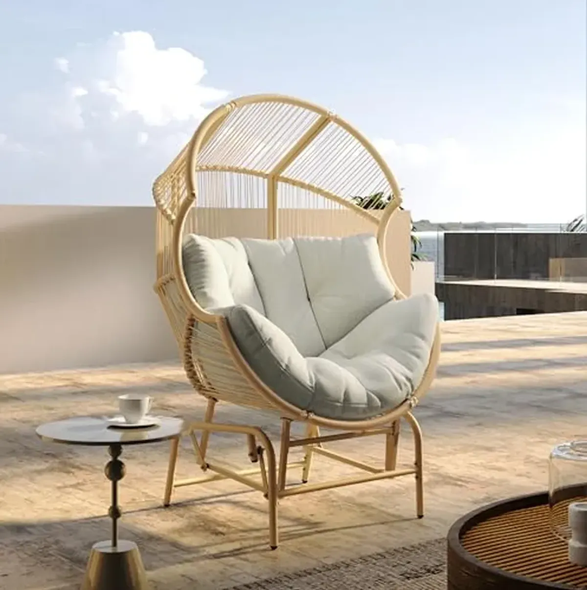 Christopher Knight Home Paolos Outdoor Wicker and Iron Gliding Chair with Water Repellent Cushion, Patio PE Rattan and Iron Frame Rocking Chair, Recliner, Light Brown