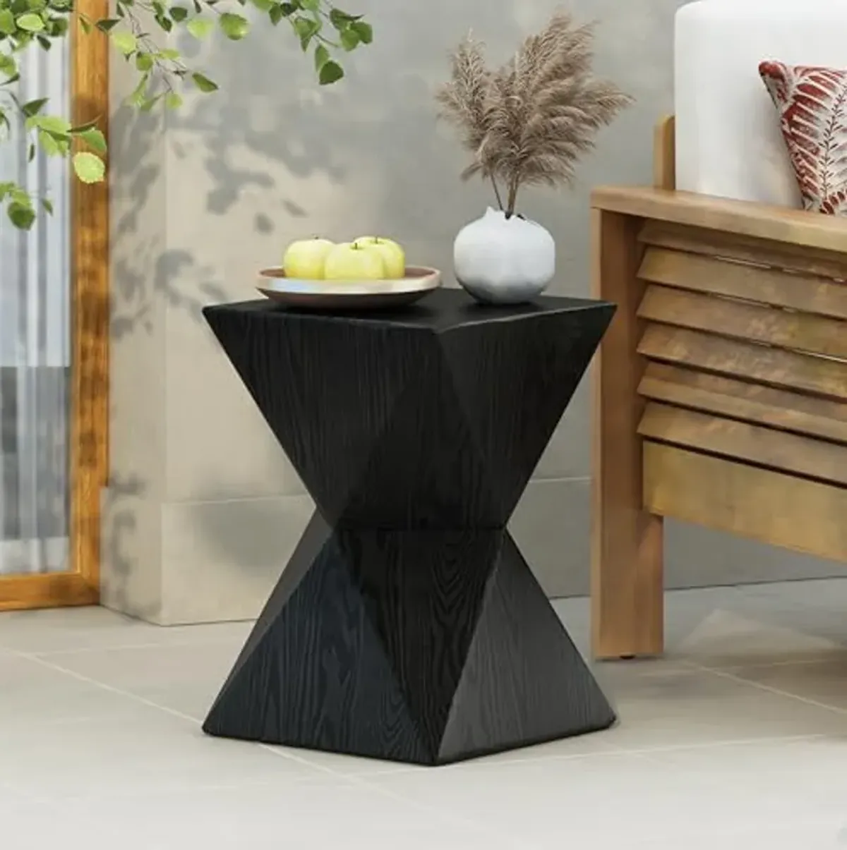 Christopher Knight Home Square Side Table, Concrete Outdoor Table, Accent End Table, Side Table with Wood Grain Finish Modern Design Ideal for Patio Garden Balcony Living Room, Black