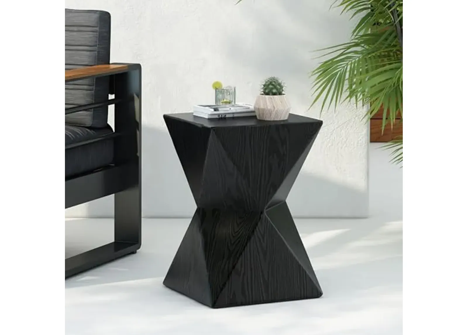 Christopher Knight Home Square Side Table, Concrete Outdoor Table, Accent End Table, Side Table with Wood Grain Finish Modern Design Ideal for Patio Garden Balcony Living Room, Black