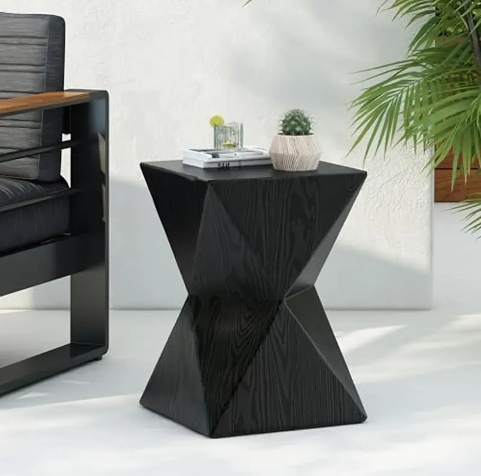 Christopher Knight Home Square Side Table, Concrete Outdoor Table, Accent End Table, Side Table with Wood Grain Finish Modern Design Ideal for Patio Garden Balcony Living Room, Black