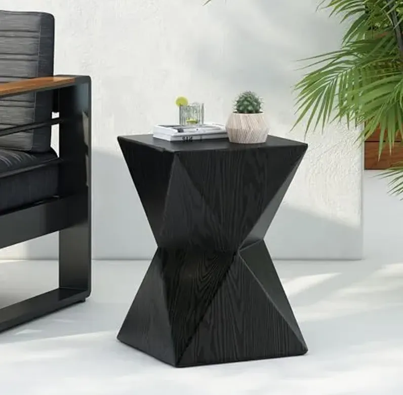 Christopher Knight Home Square Side Table, Concrete Outdoor Accent Table with Wood Grain Finish Modern Design, Ideal for Patio, Garden, Balcony, Living Room, Black
