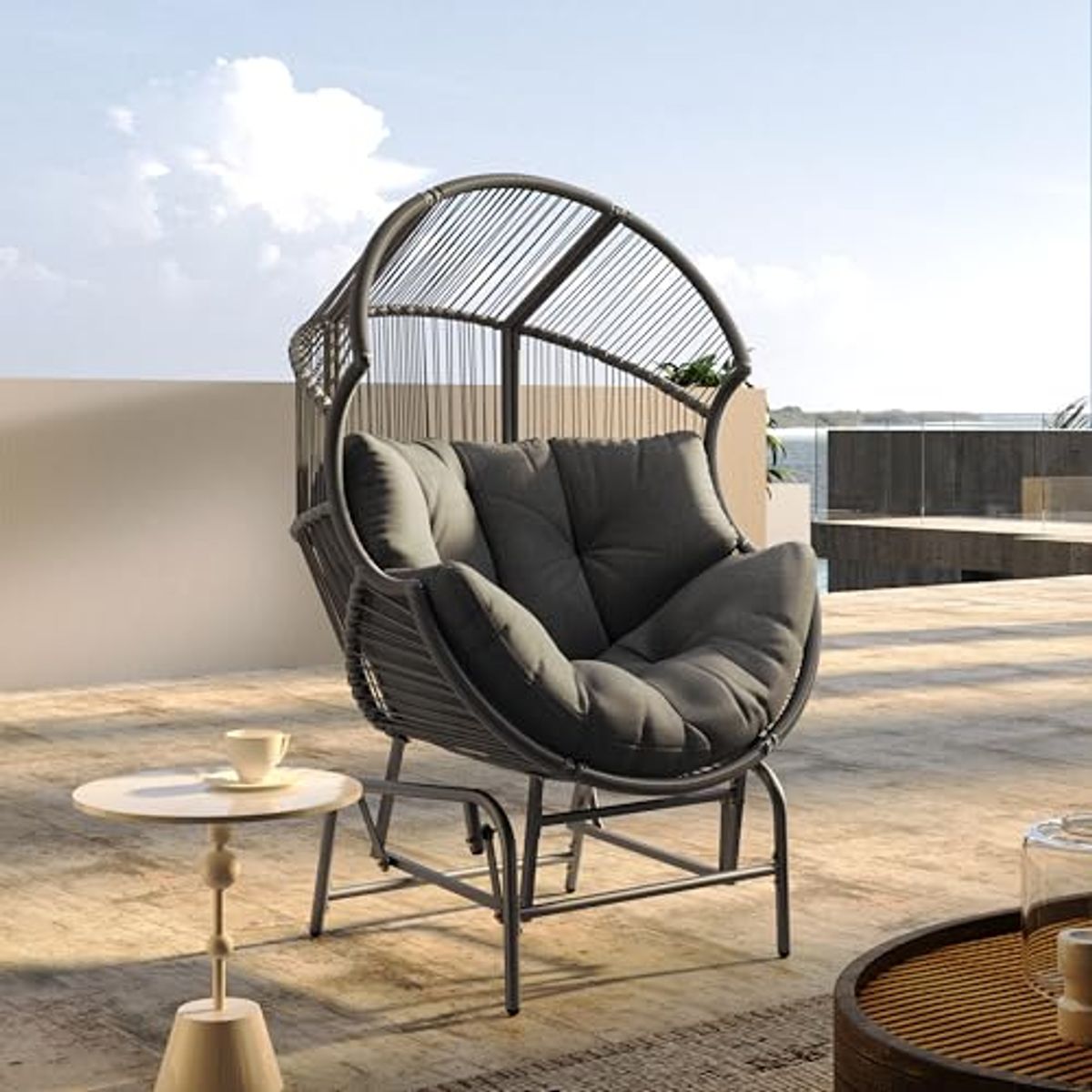 Christopher Knight Home Paolos Outdoor Wicker and Iron Gliding Chair with Water Repellent Cushion, Patio PE Rattan and Iron Frame Rocking Chair, Recliner, Dark Gray