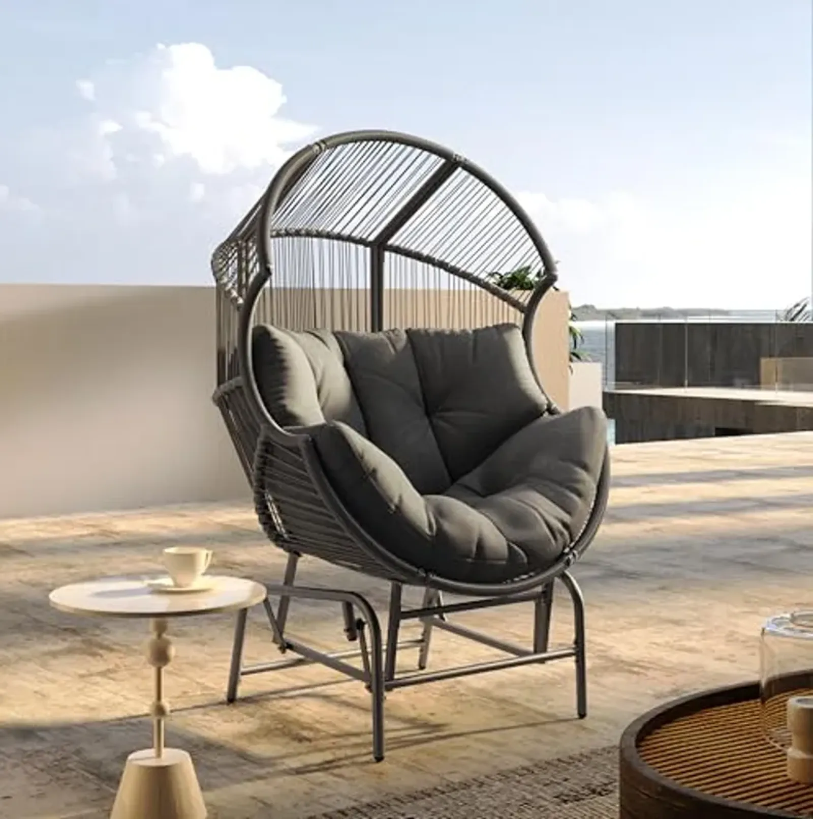 Christopher Knight Home Paolos Outdoor Wicker and Iron Gliding Chair with Water Repellent Cushion, Patio PE Rattan and Iron Frame Rocking Chair, Recliner, Dark Gray