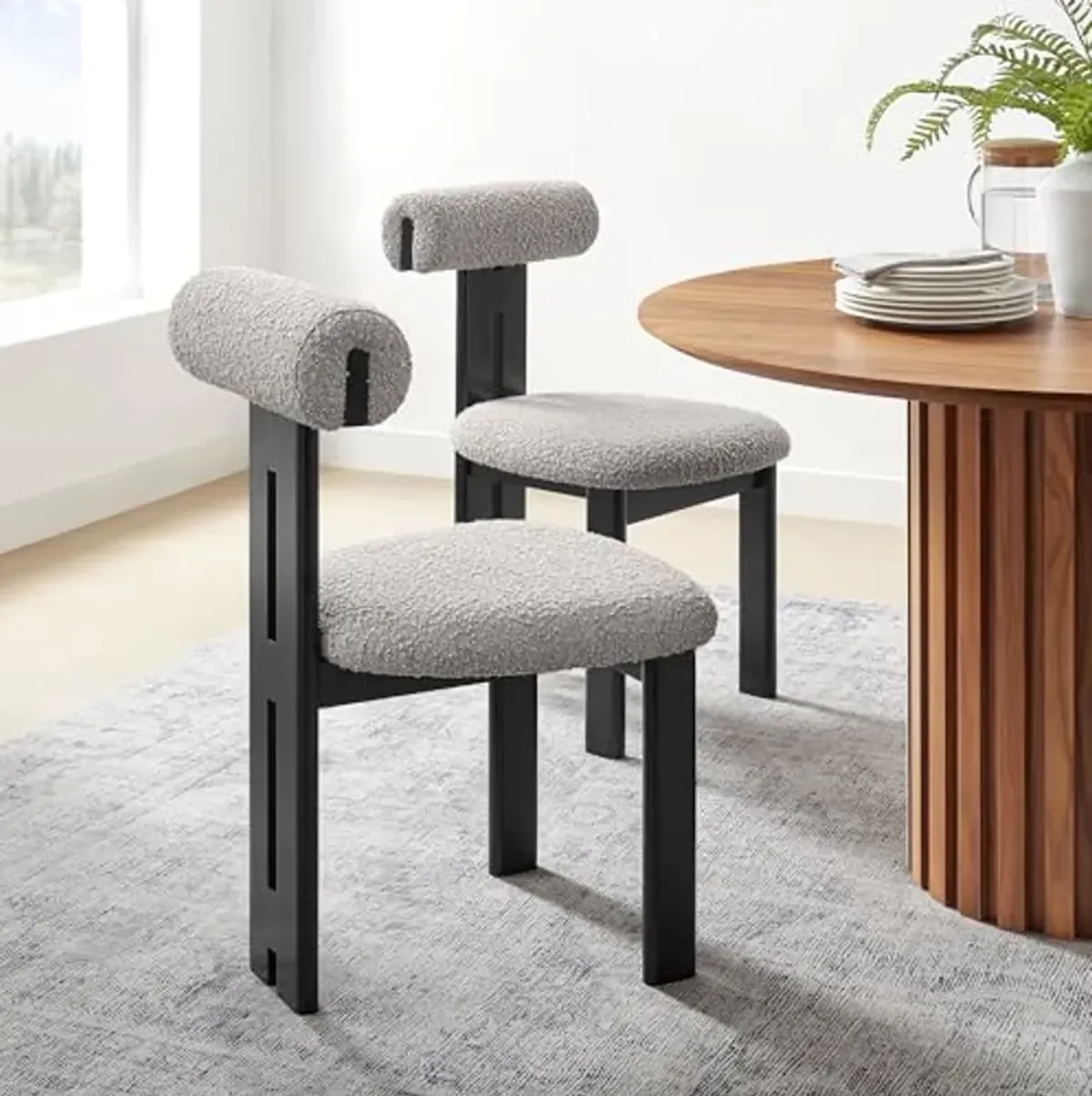 Modway Torian Upholstered Boucle Dining Chairs Set of 2 in Wenge Taupe - 3-Legged Farmhouse Kitchen Chairs - Mid-Century Modern Armless Accent Chairs - Comfortable Side Chairs with Wood Legs