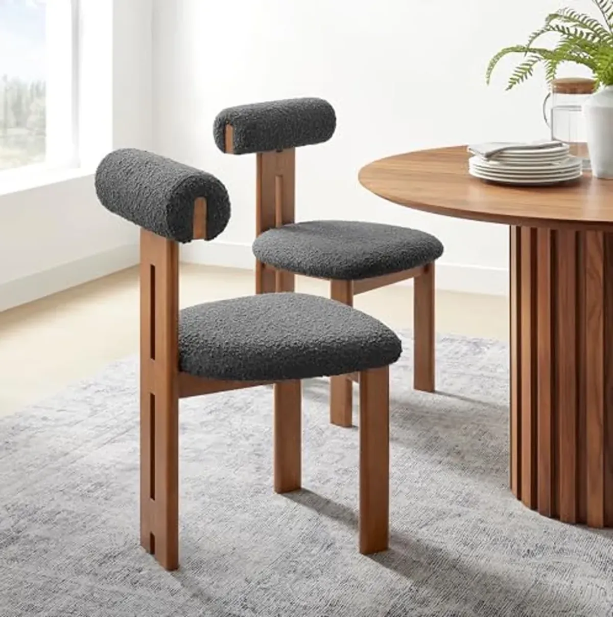 Modway Torian Upholstered Boucle Dining Chairs Set of 2 in Walnut Charcoal - 3-Legged Farmhouse Kitchen Chairs - Mid-Century Modern Armless Accent Chairs - Comfortable Side Chairs with Wood Legs