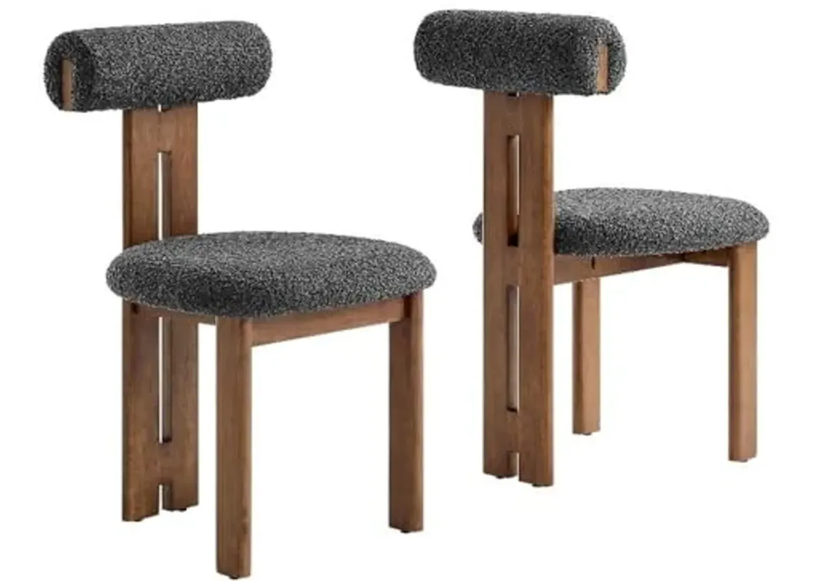 Modway Torian Upholstered Boucle Dining Chairs Set of 2 in Walnut Charcoal - 3-Legged Farmhouse Kitchen Chairs - Mid-Century Modern Armless Accent Chairs - Comfortable Side Chairs with Wood Legs