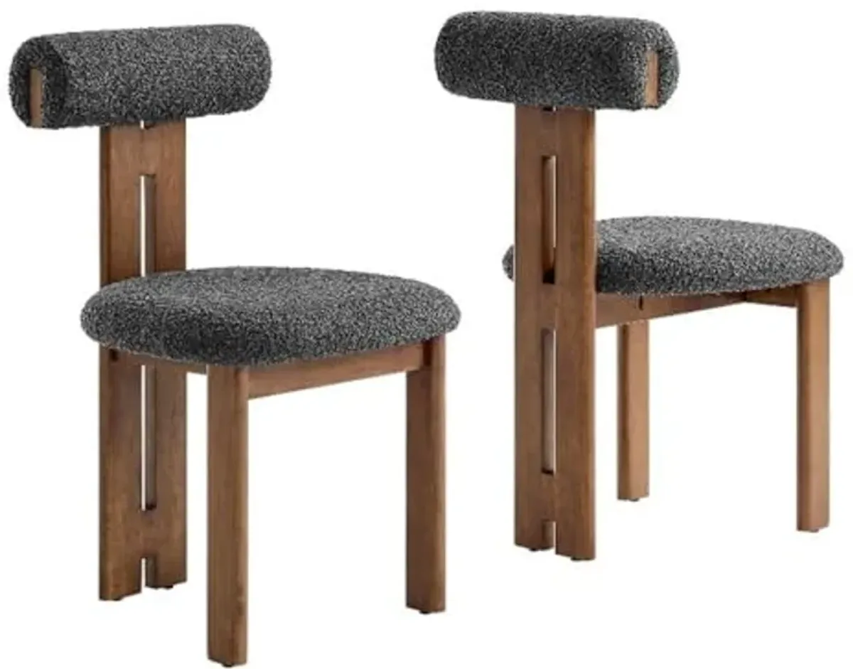 Modway Torian Upholstered Boucle Dining Chairs Set of 2 in Walnut Charcoal - 3-Legged Farmhouse Kitchen Chairs - Mid-Century Modern Armless Accent Chairs - Comfortable Side Chairs with Wood Legs