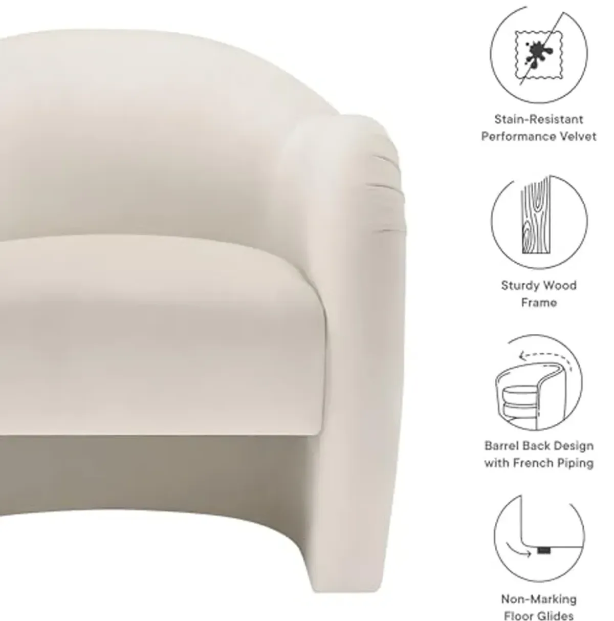 Modway Compose Barrel Chair with Performance Velvet Fabric in Alabaster – Upholstered Accent Armchair with Curved Backrest – Cozy Lounge Chair for Reading – Round Comfy Single Sofa Club Chair