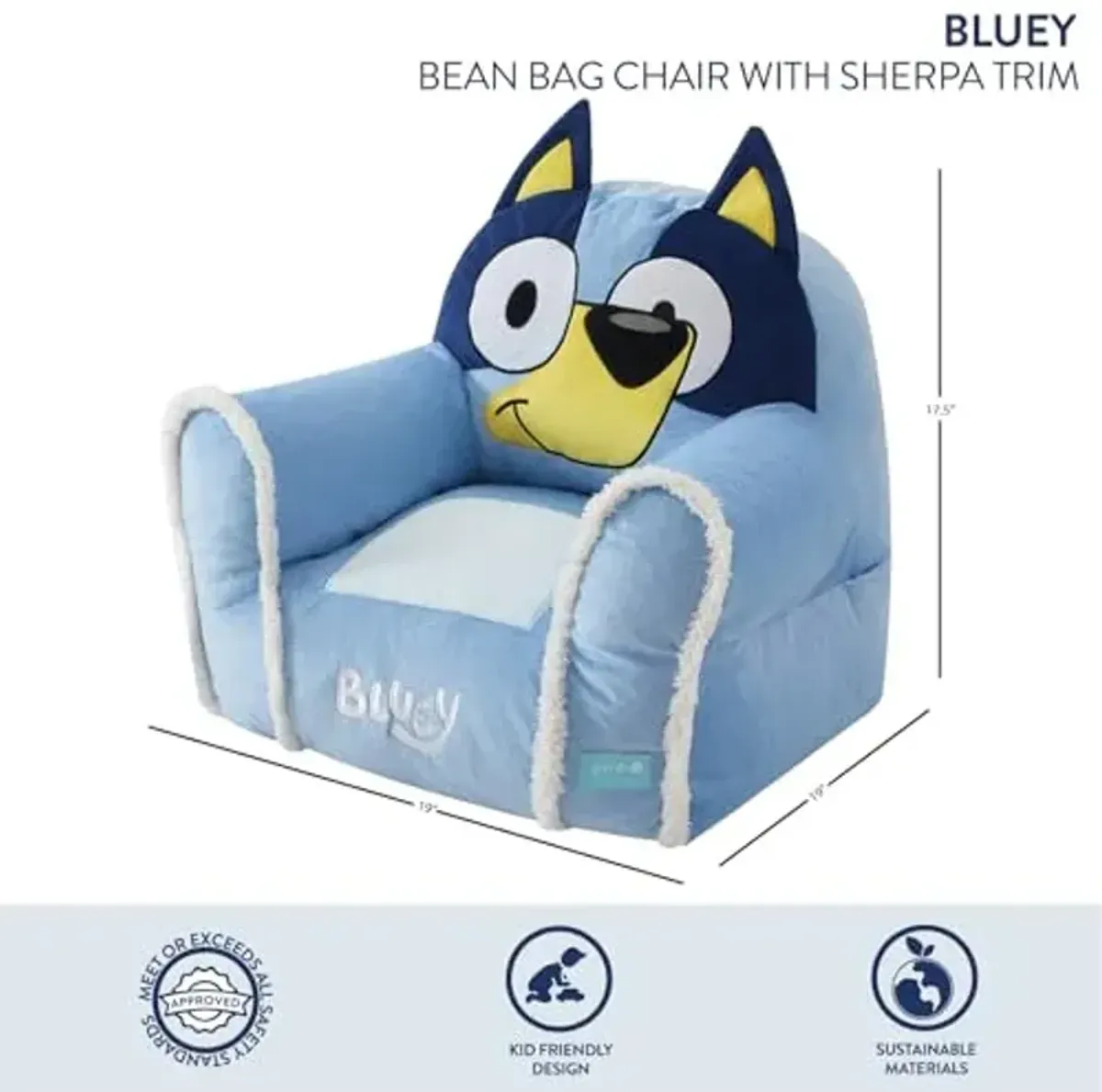 Bluey Kids Bean Bag Sofa Chair with Armrests,Soft, Comfortable, Structured Seat for Ages 3+, Lounge Chair, Lightweight and Cozy, Ideal for Playroom or Bedroom Decor