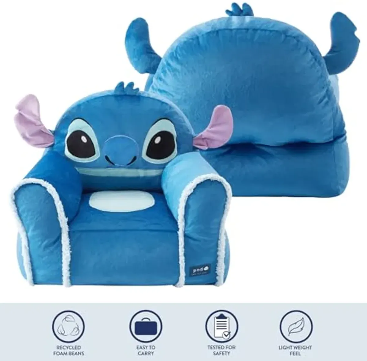 Idea Nuova Disney Stitch Figural Soft and Comfortable Structured Bean Bag Sofa Chair for Kids with Armrests,Ages 3+