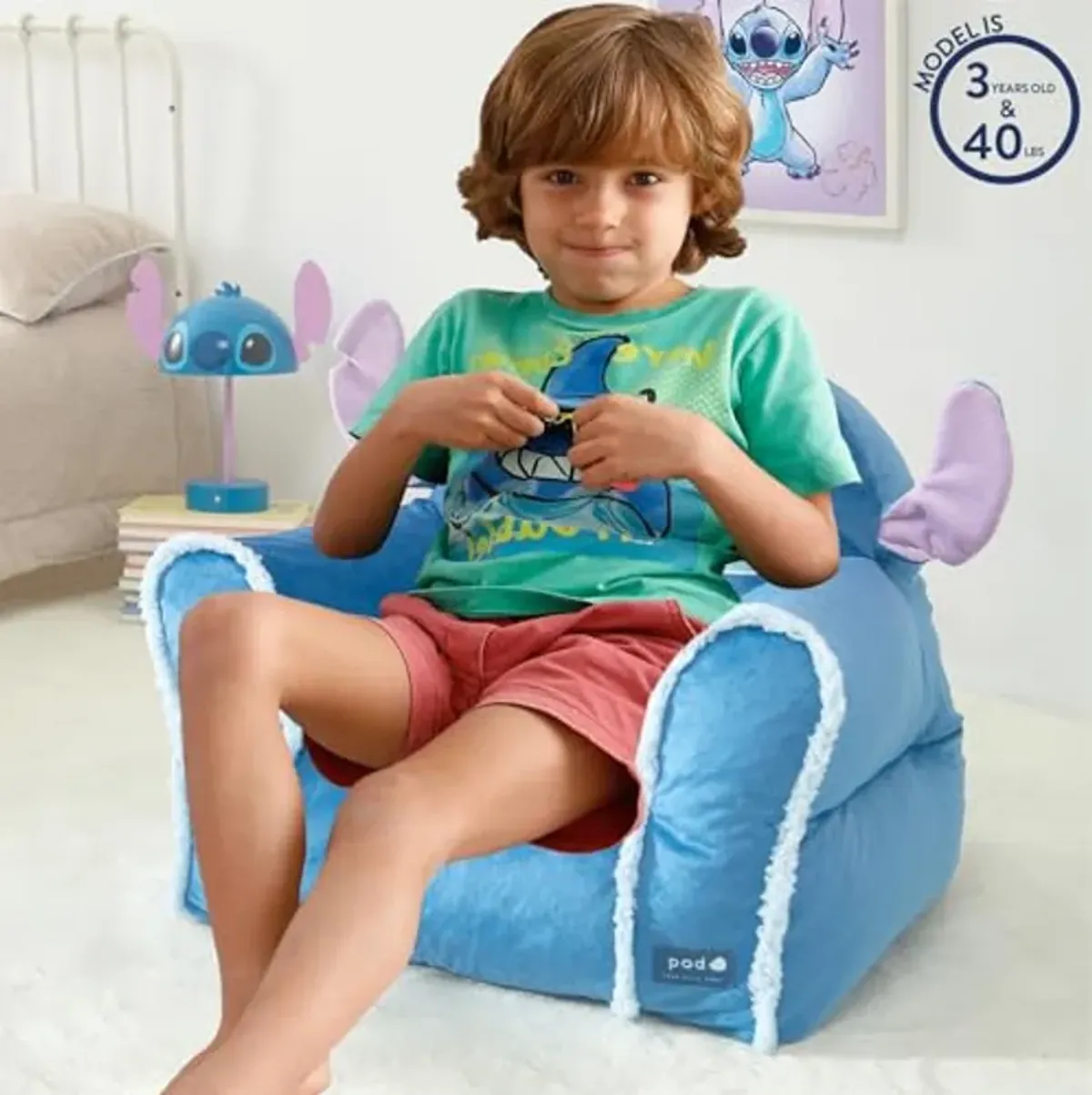 Idea Nuova Disney Stitch Figural Soft and Comfortable Structured Bean Bag Sofa Chair for Kids with Armrests,Ages 3+