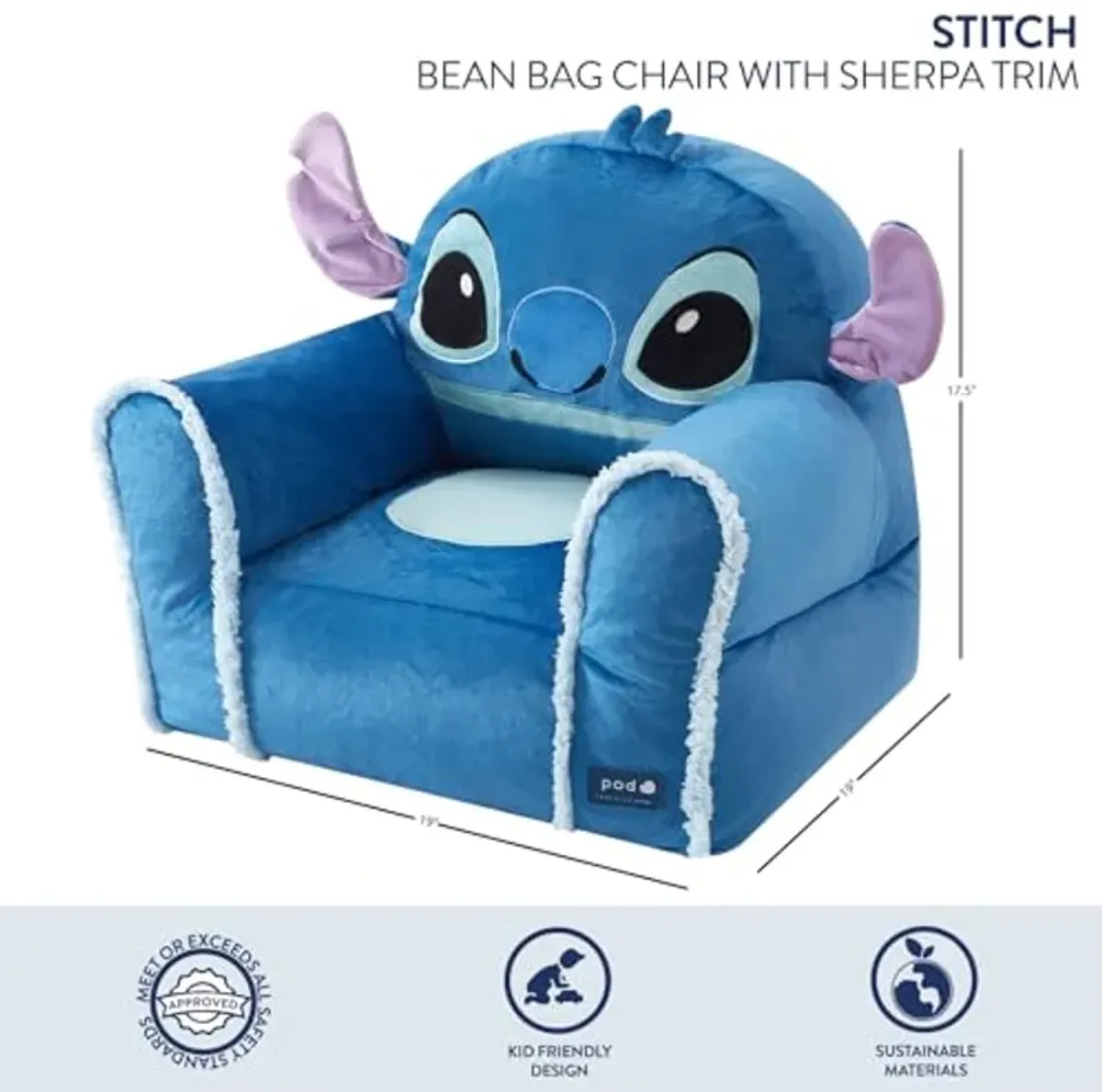 Idea Nuova Disney Stitch Figural Soft and Comfortable Structured Bean Bag Sofa Chair for Kids with Armrests,Ages 3+