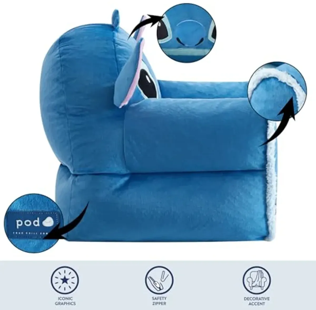 Idea Nuova Disney Stitch Figural Soft and Comfortable Structured Bean Bag Sofa Chair for Kids with Armrests,Ages 3+