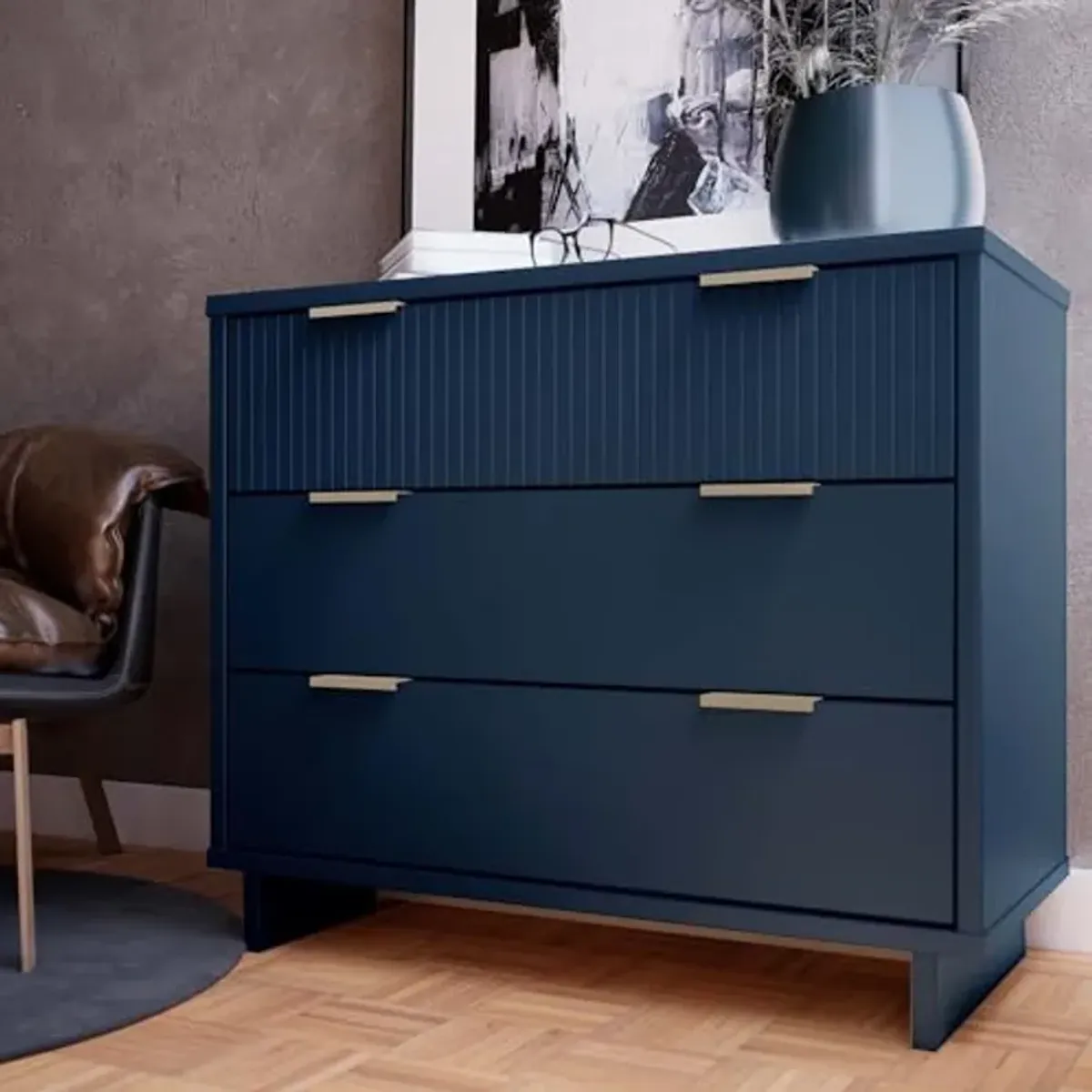 Manhattan Comfort Granville 38-Inch Modern Dresser with 3 Full Extension Soft Close Drawers, Textured Ribbed Lines Design Made of Solid Wood with Gold Accent, TV Stand for Bedroom, Midnight Blue