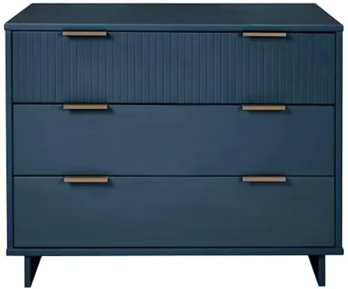 Manhattan Comfort Granville 38-Inch Modern Dresser with 3 Full Extension Soft Close Drawers, Textured Ribbed Lines Design Made of Solid Wood with Gold Accent, TV Stand for Bedroom, Midnight Blue