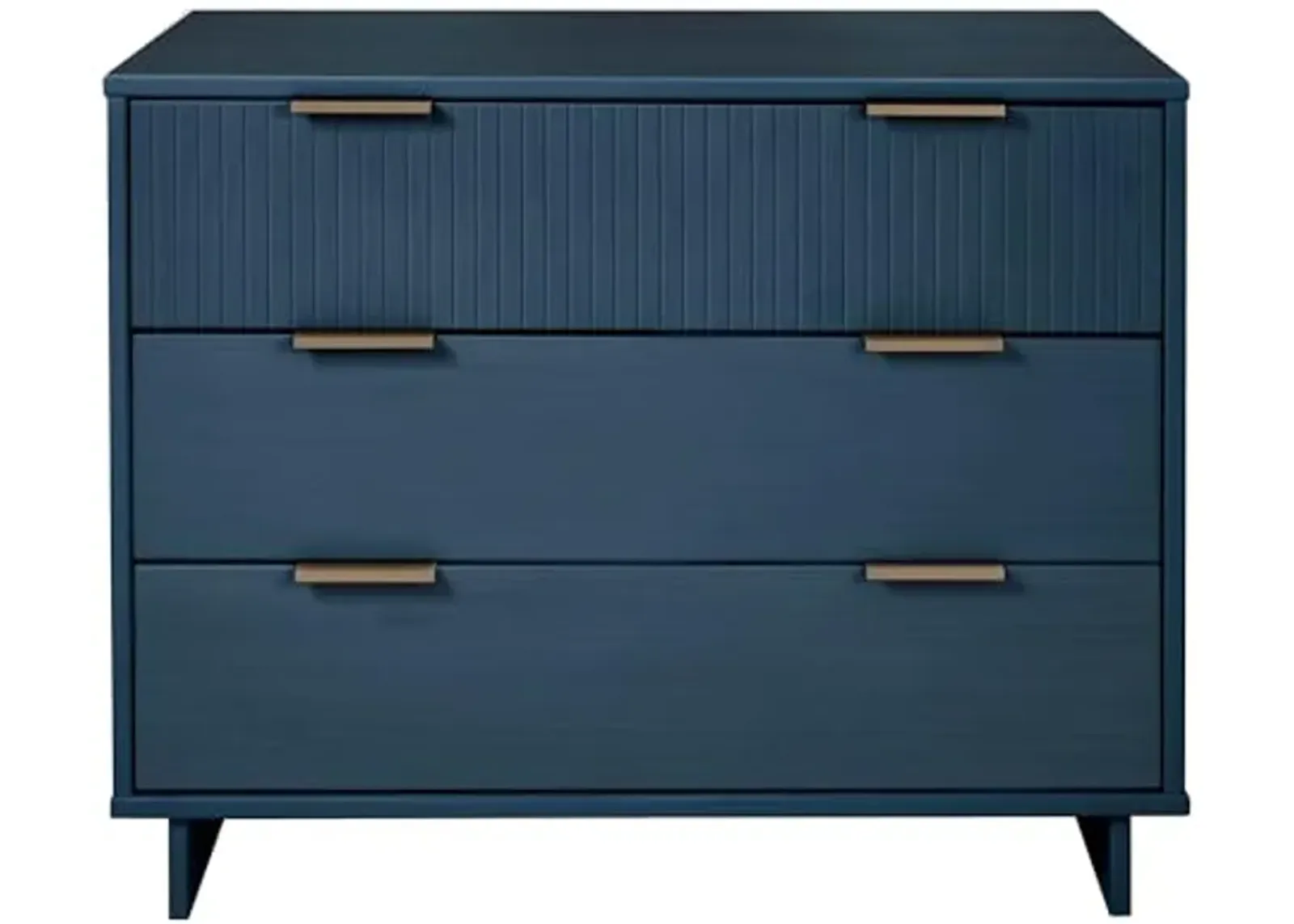 Manhattan Comfort Granville 38-Inch Modern Dresser with 3 Full Extension Soft Close Drawers, Textured Ribbed Lines Design Made of Solid Wood with Gold Accent, TV Stand for Bedroom, Midnight Blue