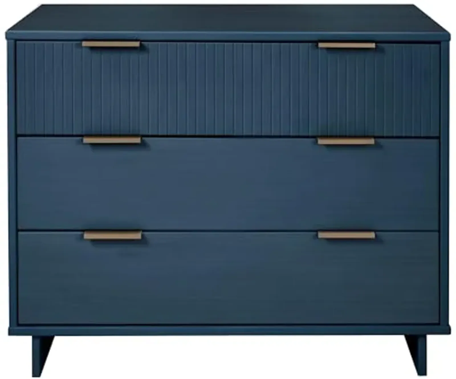 Manhattan Comfort Granville 38-Inch Modern Dresser with 3 Full Extension Soft Close Drawers, Textured Ribbed Lines Design Made of Solid Wood with Gold Accent, TV Stand for Bedroom, Midnight Blue