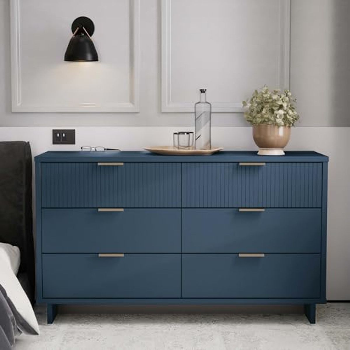 Manhattan Comfort Granville 55-Inch Modern Double Wide Dresser, 6 Full Extension Soft Close Drawers, Textured Ribbed Lines Design Made of Solid Wood with Gold Accent, Midnight Blue