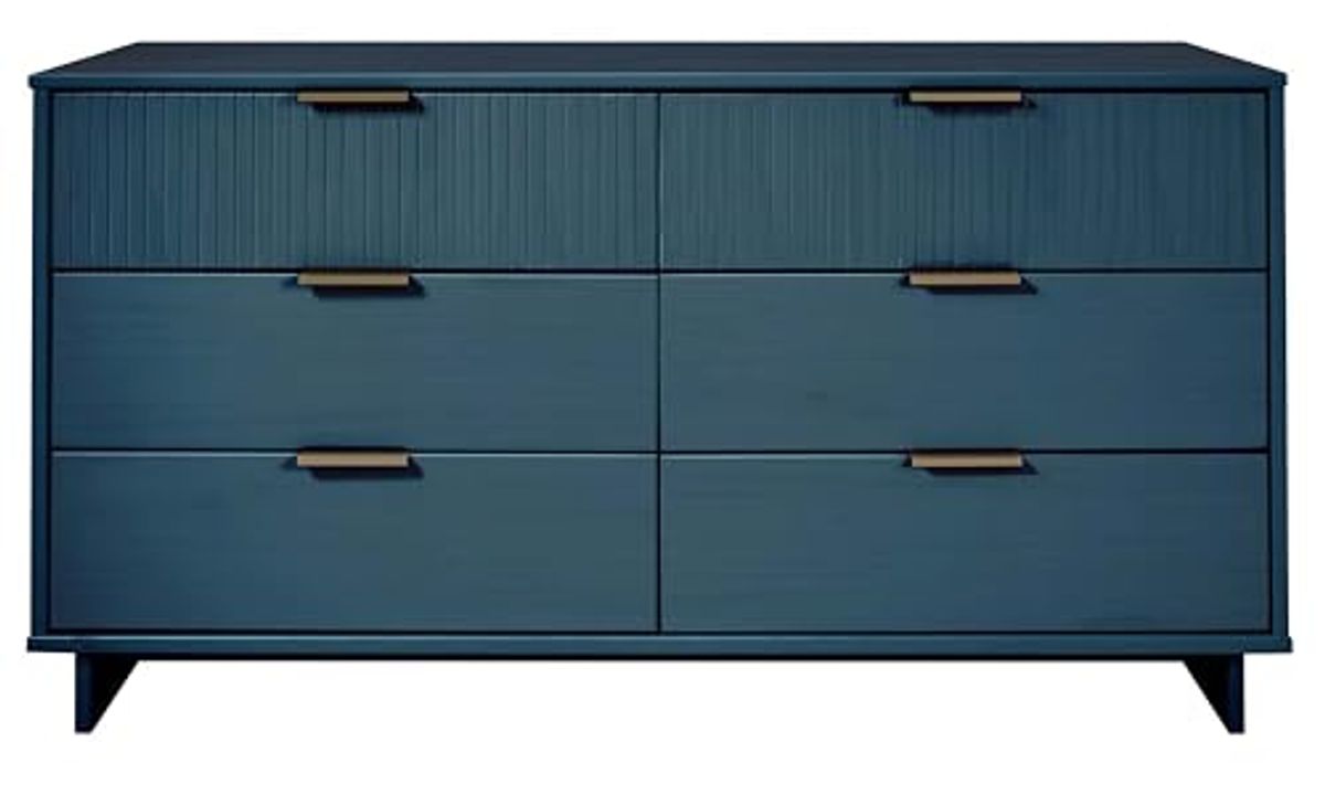 Manhattan Comfort Granville 55-Inch Modern Double Wide Dresser, 6 Full Extension Soft Close Drawers, Textured Ribbed Lines Design Made of Solid Wood with Gold Accent, Midnight Blue