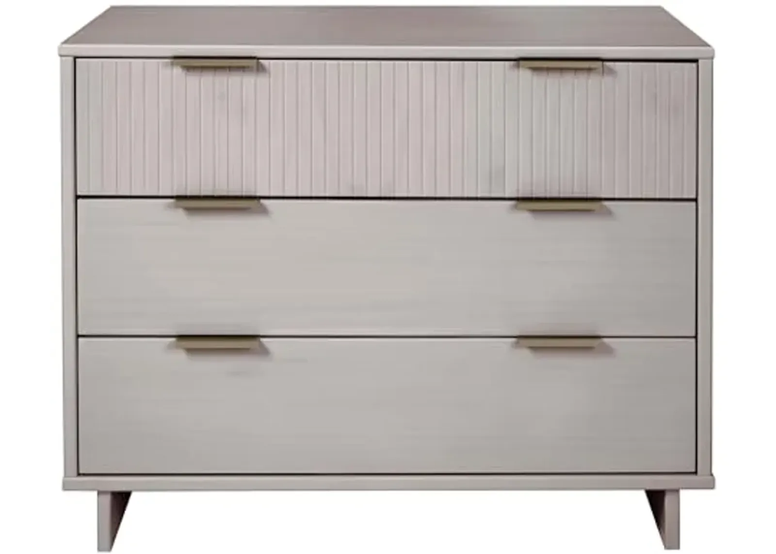 Manhattan Comfort Granville 38-Inch Modern Dresser with 3 Full Extension Soft Close Drawers, Textured Ribbed Lines Design Made of Solid Wood with Gold Accent, TV Stand for Bedroom, Light Grey