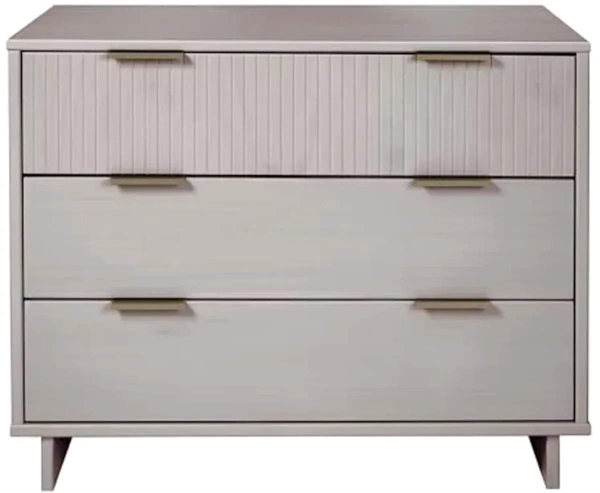 Manhattan Comfort Granville 38-Inch Modern Dresser with 3 Full Extension Soft Close Drawers, Textured Ribbed Lines Design Made of Solid Wood with Gold Accent, TV Stand for Bedroom, Light Grey