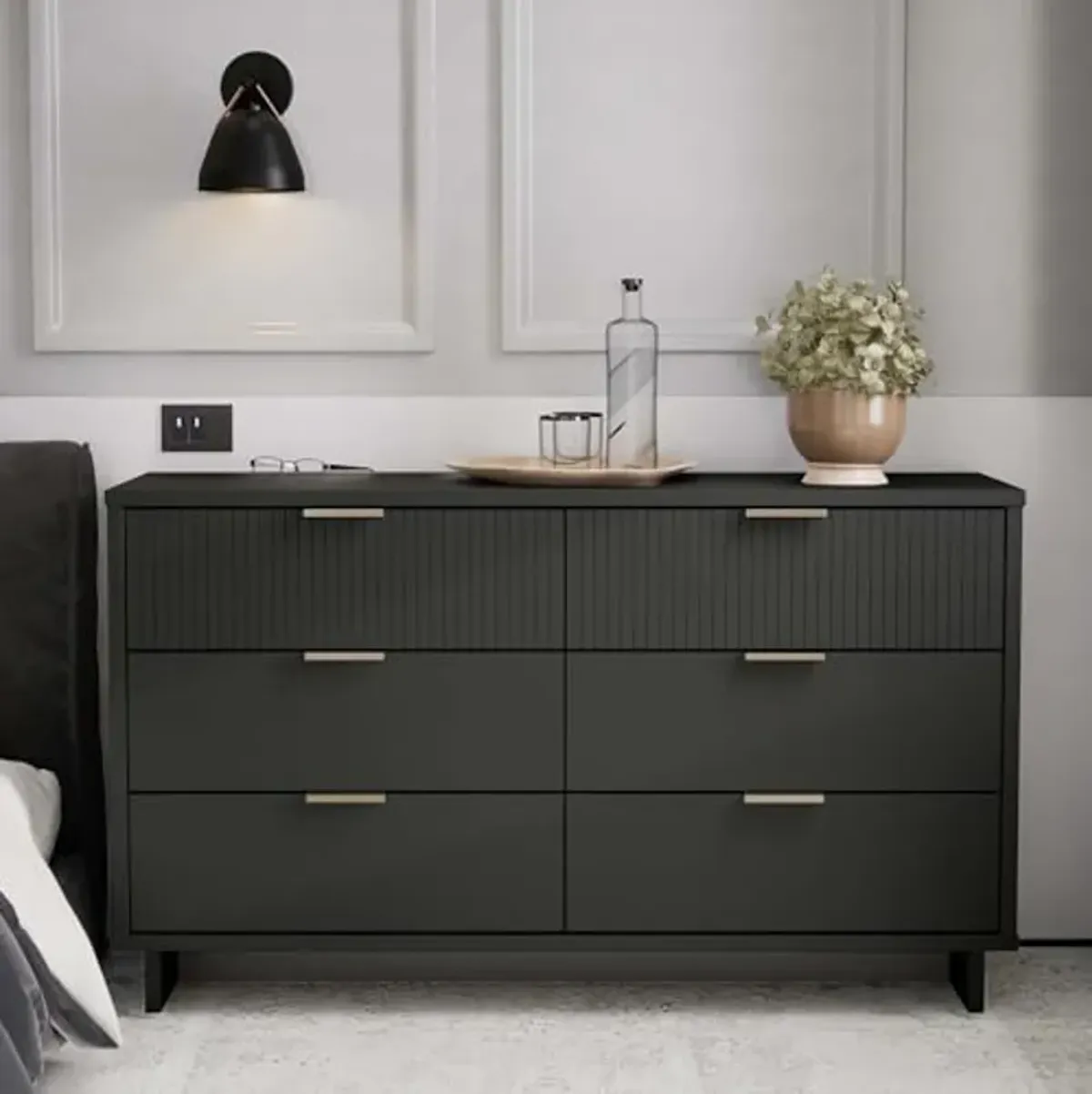 Manhattan Comfort Granville 55-Inch Modern Double Wide Dresser, 6 Full Extension Soft Close Drawers, Textured Ribbed Lines Design Made of Solid Wood with Gold Accent, TV Stand for Bedroom, Dark Grey