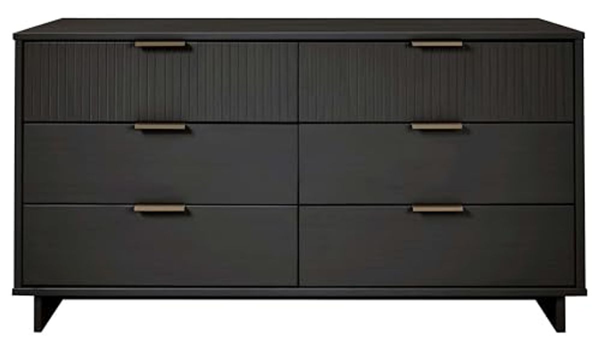 Manhattan Comfort Granville 55-Inch Modern Double Wide Dresser, 6 Full Extension Soft Close Drawers, Textured Ribbed Lines Design Made of Solid Wood with Gold Accent, TV Stand for Bedroom, Dark Grey