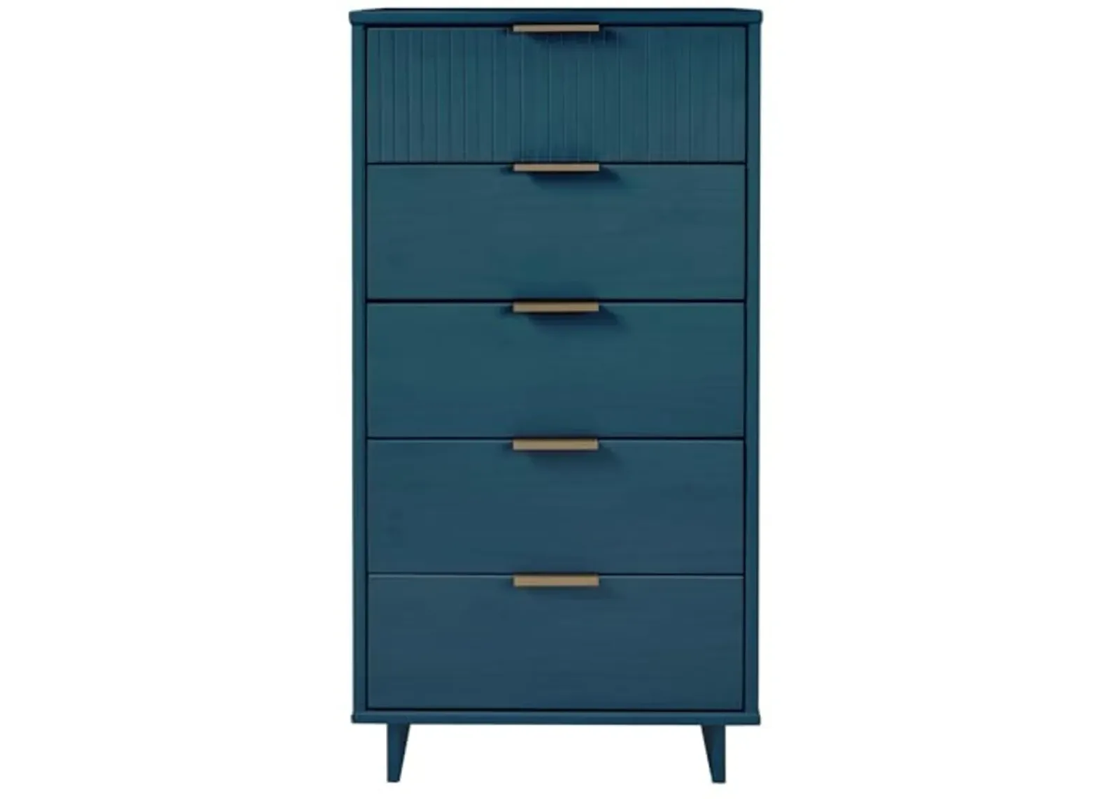 Manhattan Comfort Granville 24-Inch Modern Tall Dresser with 5 Full Extension Soft Close Drawers, Textured Ribbed Lines Design Made of Solid Wood with Gold Accent, TV Stand for Bedroom, Midnight Blue