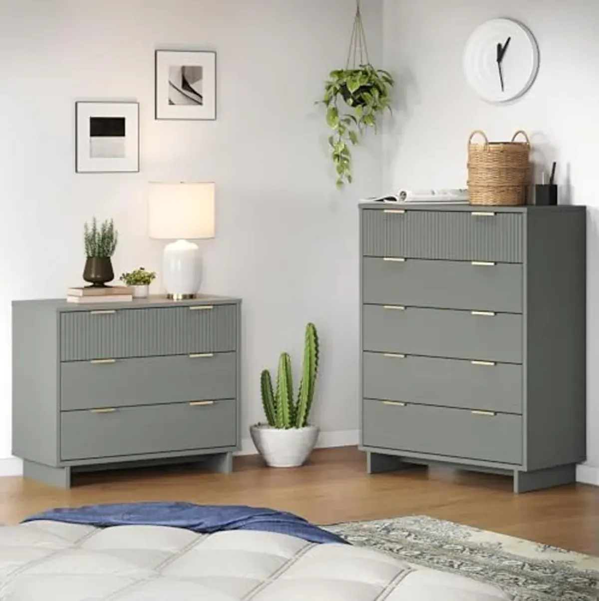 Manhattan Comfort Granville 2-Piece Modern Solid Wood Tall Chest and Standard Dresser Set - Gold Finish Handles - Sleek Design for up to 35" TV - Elegant and Durable Bedroom Furniture, Light Grey