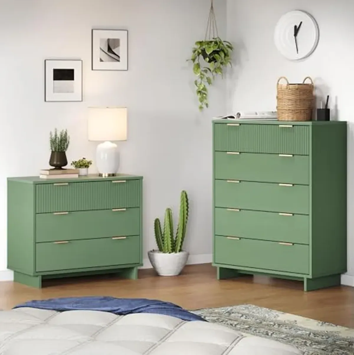 Manhattan Comfort Granville 2-Piece Modern Solid Wood Tall Chest and Standard Dresser Set - Gold Finish Handles - Sleek Design for up to 35" TV - Elegant and Durable Bedroom Furniture, Sage Green