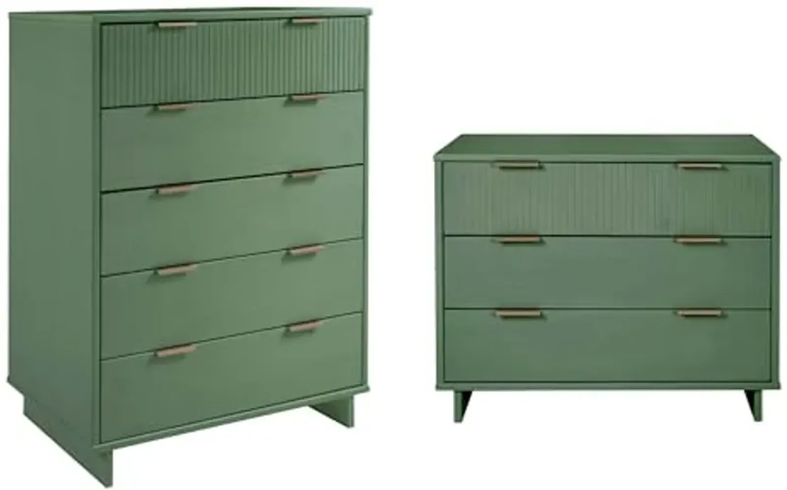 Manhattan Comfort Granville 2-Piece Modern Solid Wood Tall Chest and Standard Dresser Set - Gold Finish Handles - Sleek Design for up to 35" TV - Elegant and Durable Bedroom Furniture, Sage Green