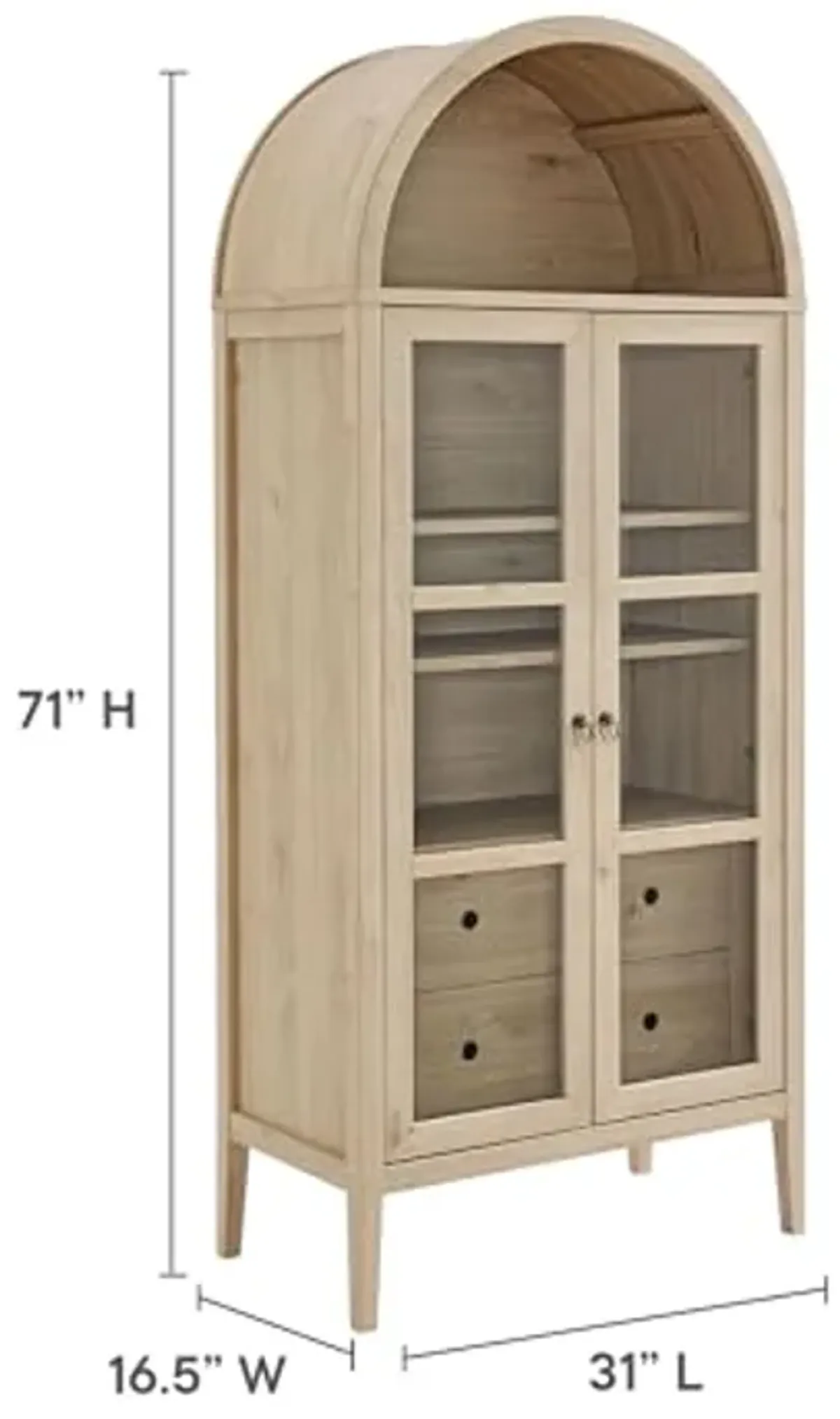 Modway Nolan Modern Farmhouse 71 Inch Tall Arched Storage Display Cabinet in Light Oak Wood Grain - 4-Tier Bookcase with Glass Doors and Shelves - Arch Accent Cabinet for Living Room